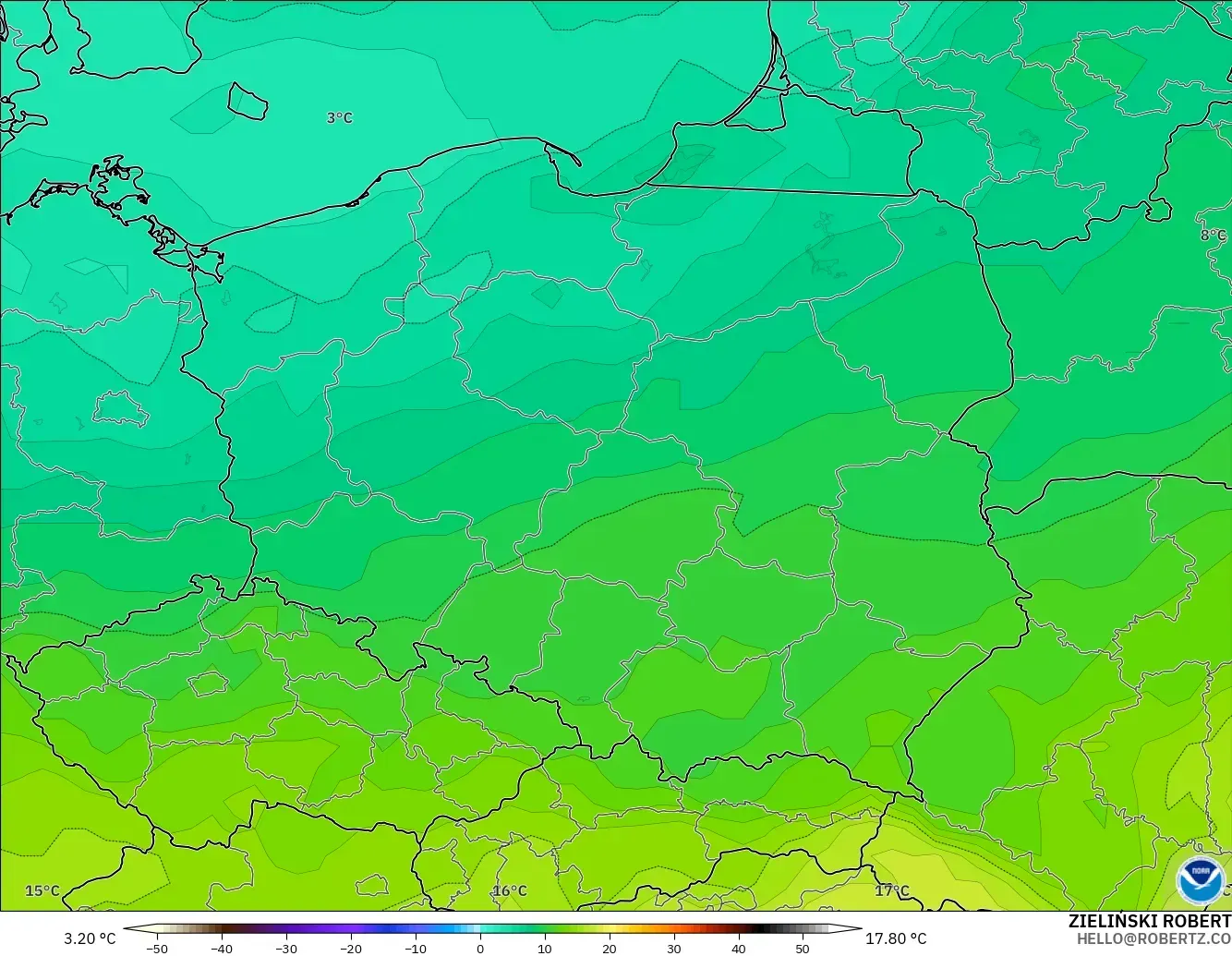 GFS модель - Польша, Температура 850 hPa