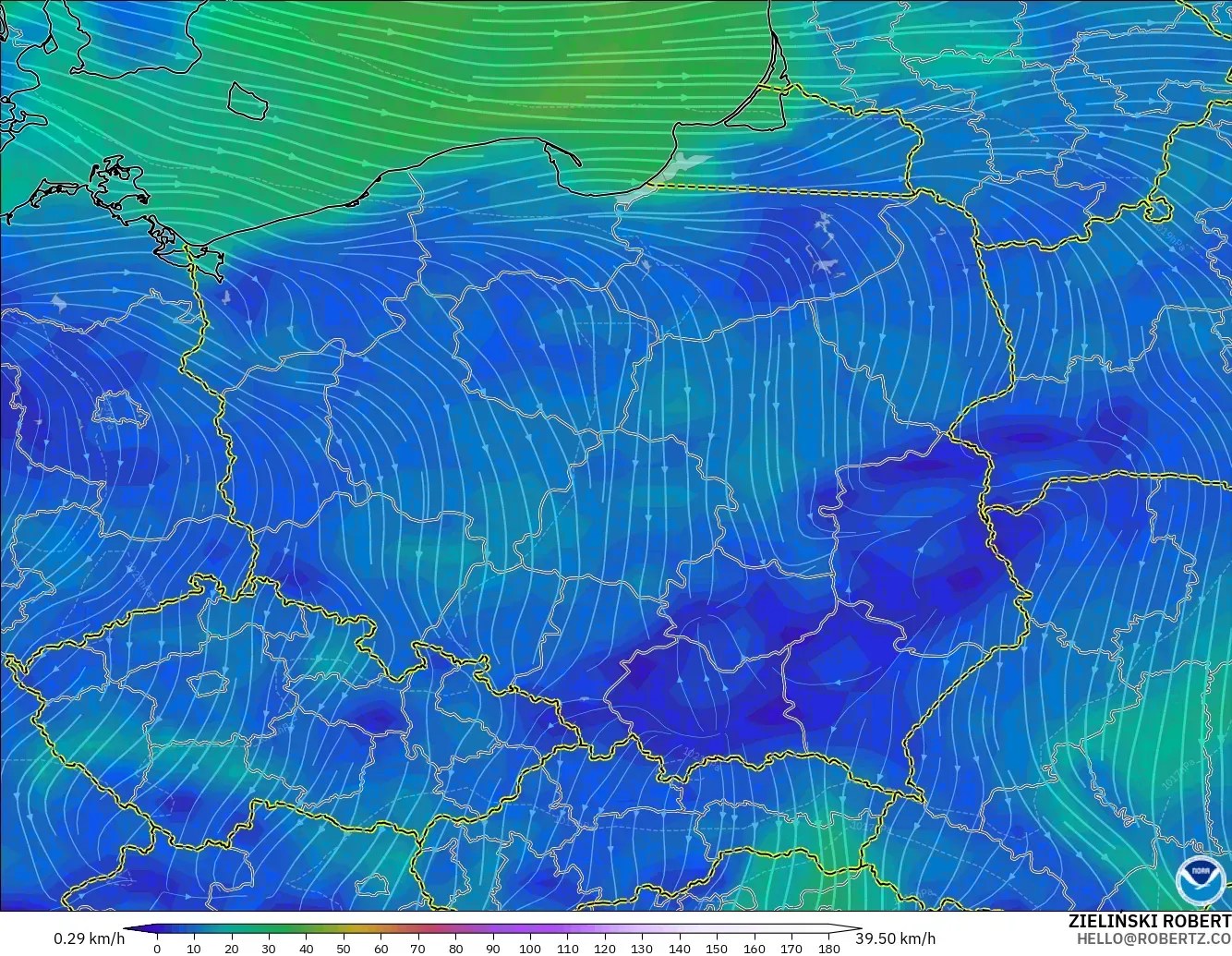GFS модель - Польша, Жел 10 м