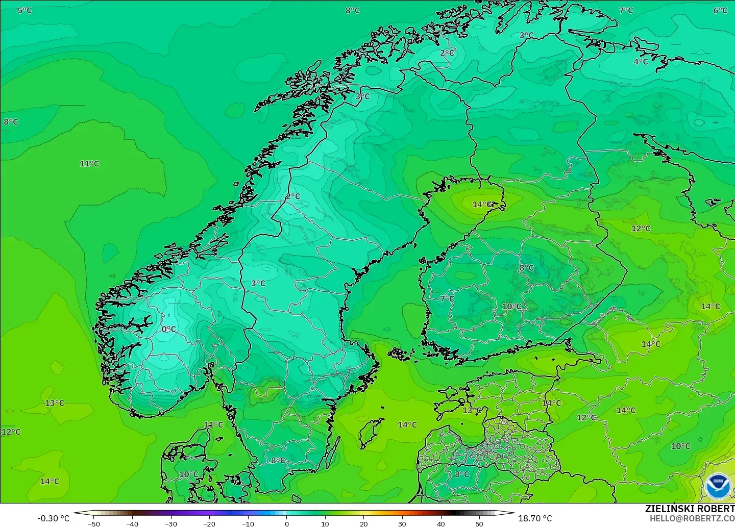 GFS модель - Скандинавия, Шық Нүктесі 2 м