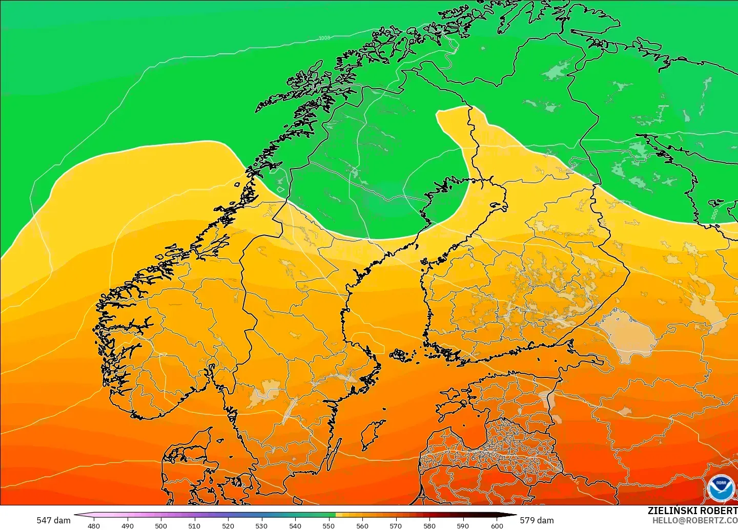 GFS модель - Скандинавия, 500 гПа деңгейіндегі геопотенциал биіктігі