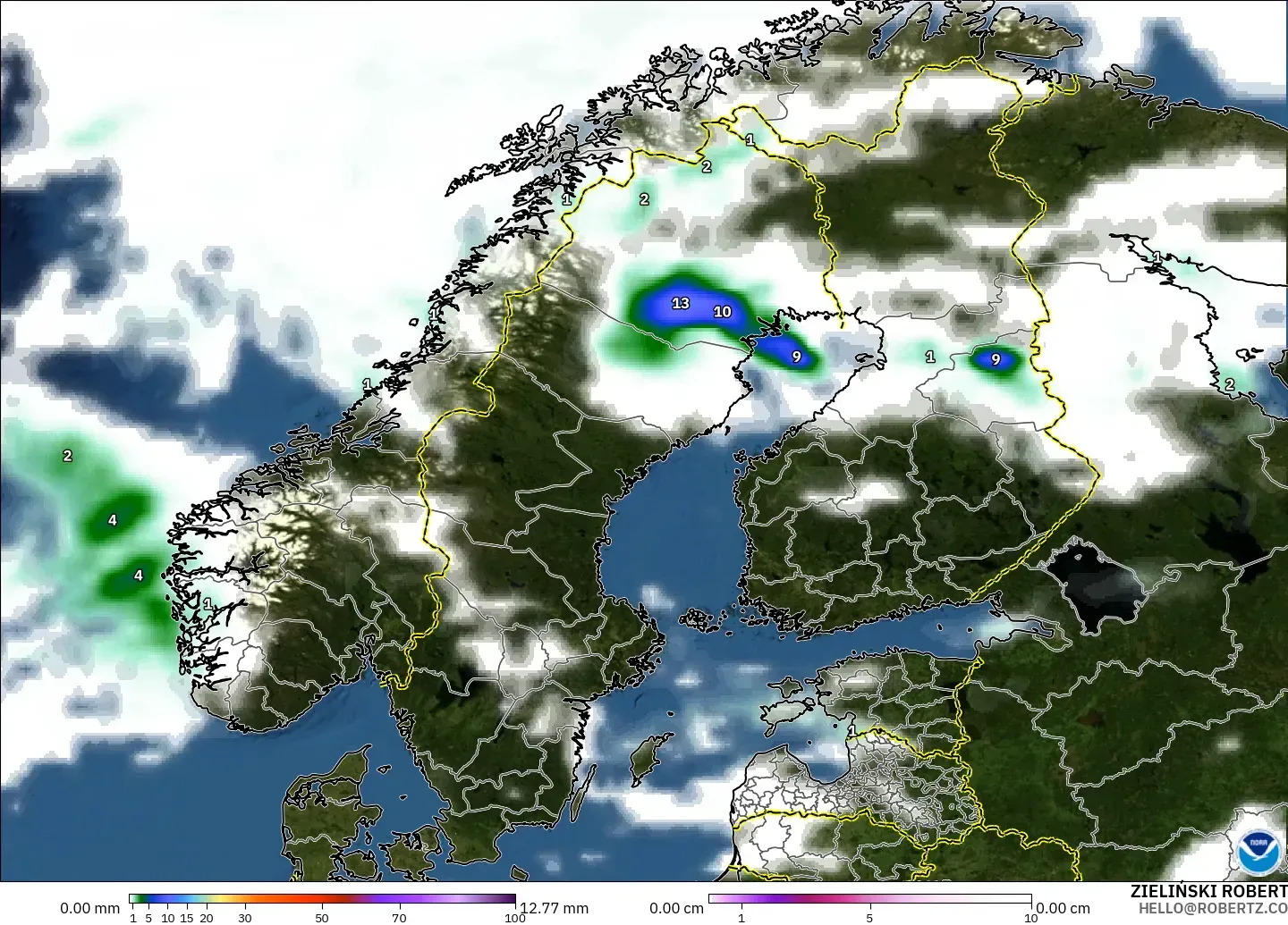 GFS модель - Скандинавия, Жауын-шашын, Бұлт және Қысым