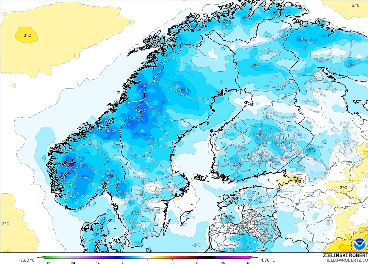 GFS модель - Скандинавия, 2 м Температура Аномалиясы
