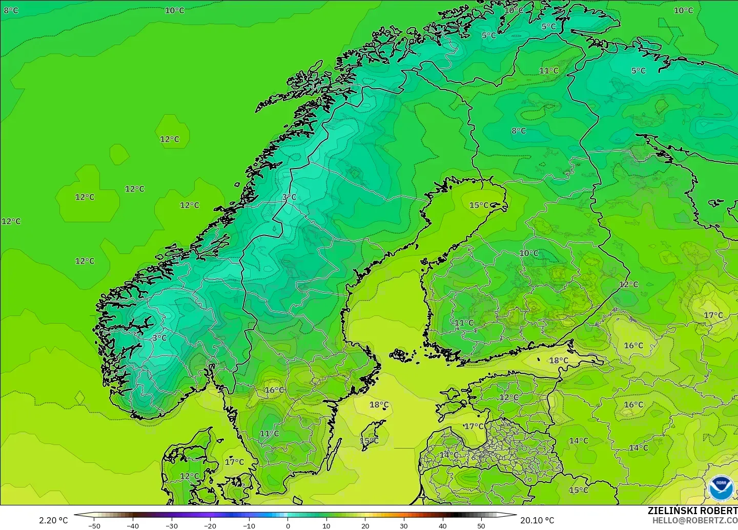 GFS модель - Скандинавия, Температура 2 м