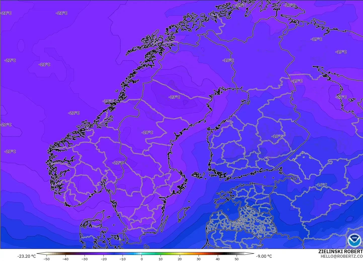 GFS модель - Скандинавия, Температура 500 hPa