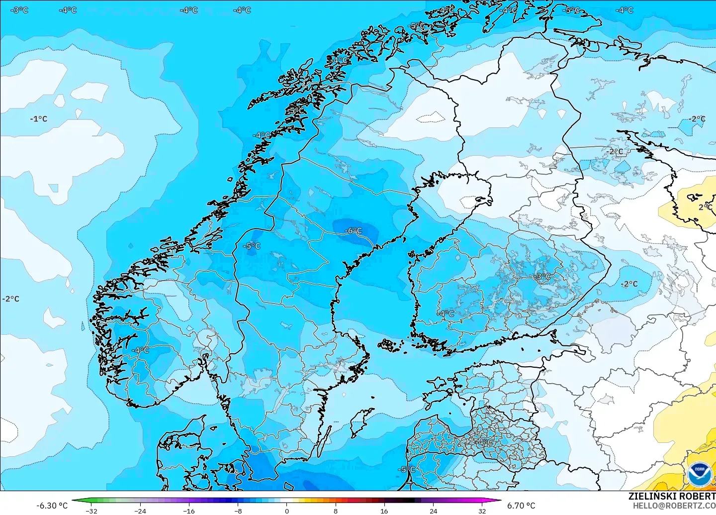 GFS модель - Скандинавия, 850 hPa Температура Аномалиясы