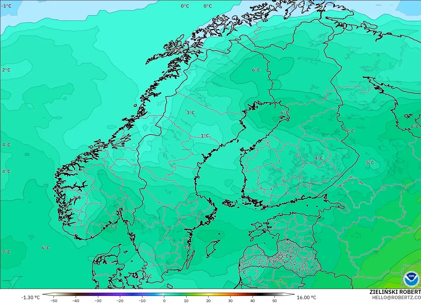 GFS модель - Скандинавия, Температура 850 hPa