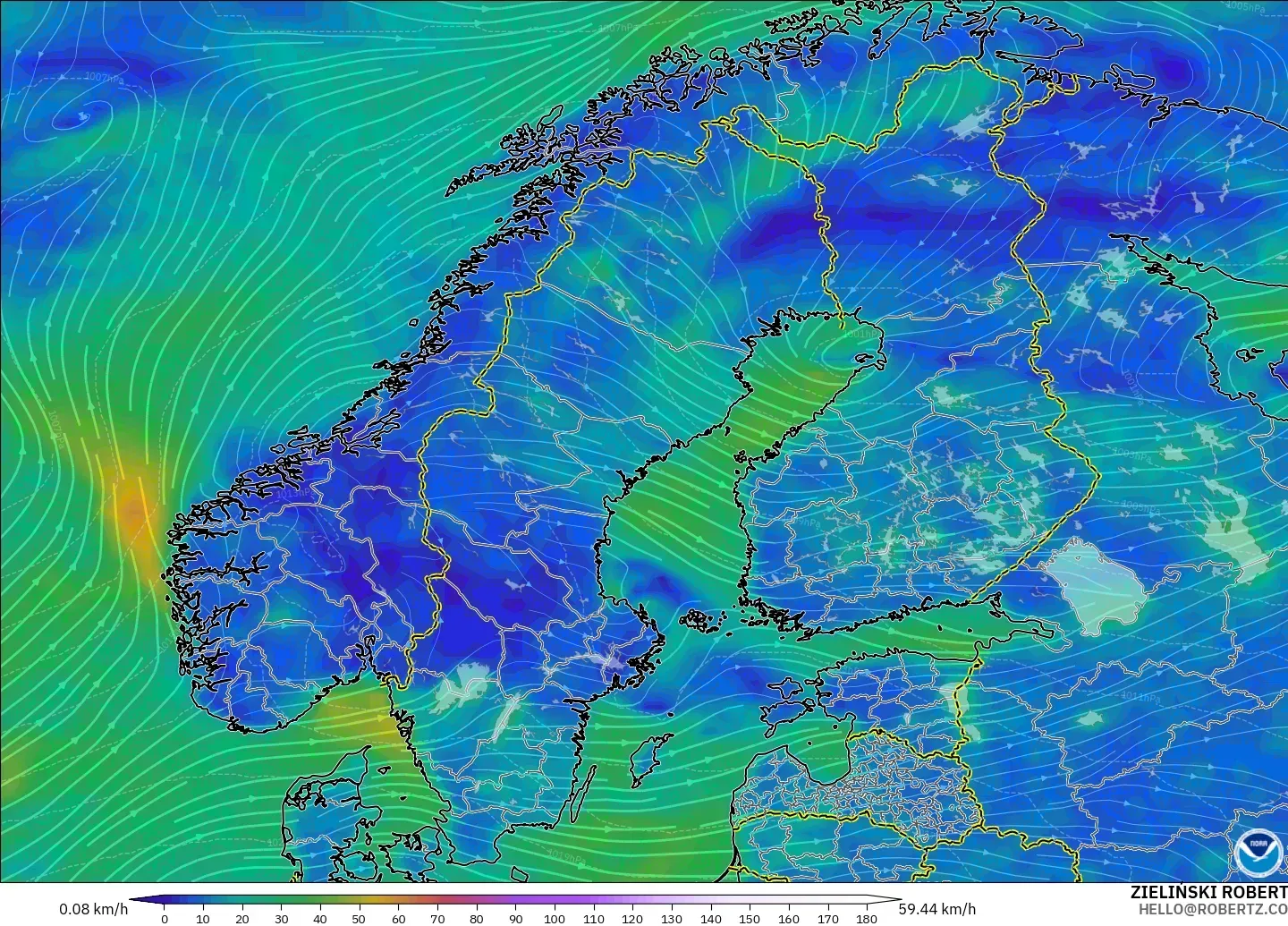 GFS модель - Скандинавия, Жел 10 м