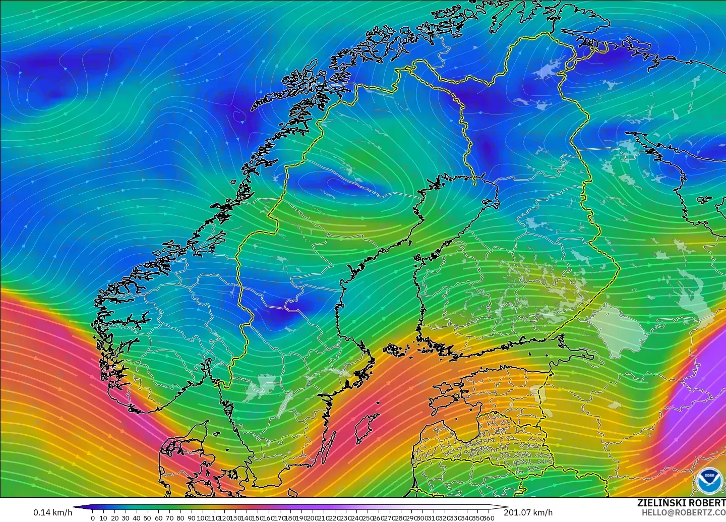 GFS модель - Скандинавия, Жел 300 hPa (жайт ағысы)