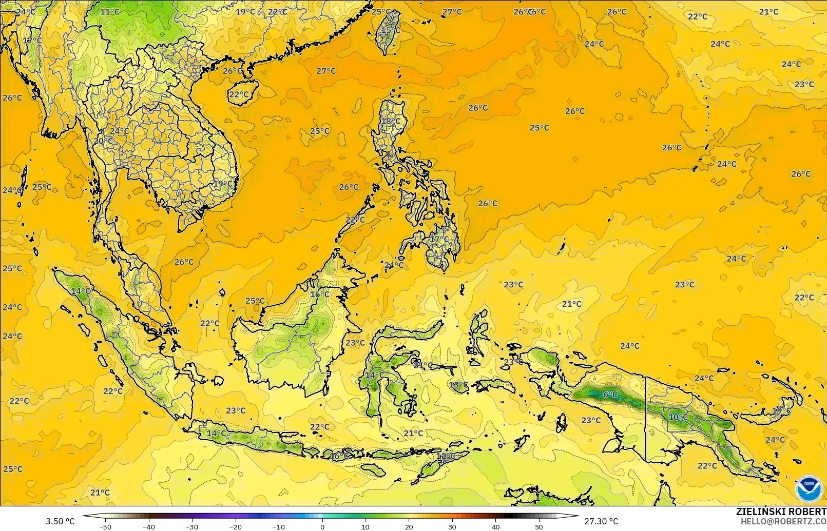 GFS модель - Оңтүстік-Шығыс Азия, Шық Нүктесі 2 м