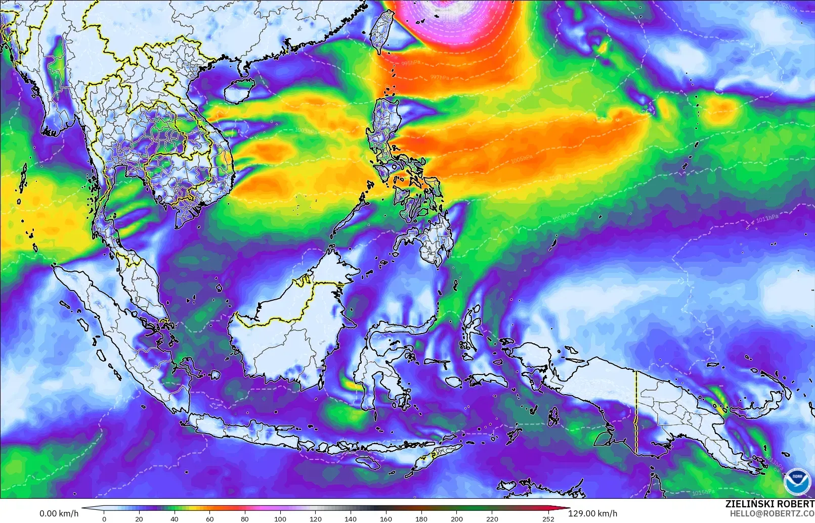 GFS модель - Оңтүстік-Шығыс Азия, Екпінді Жел