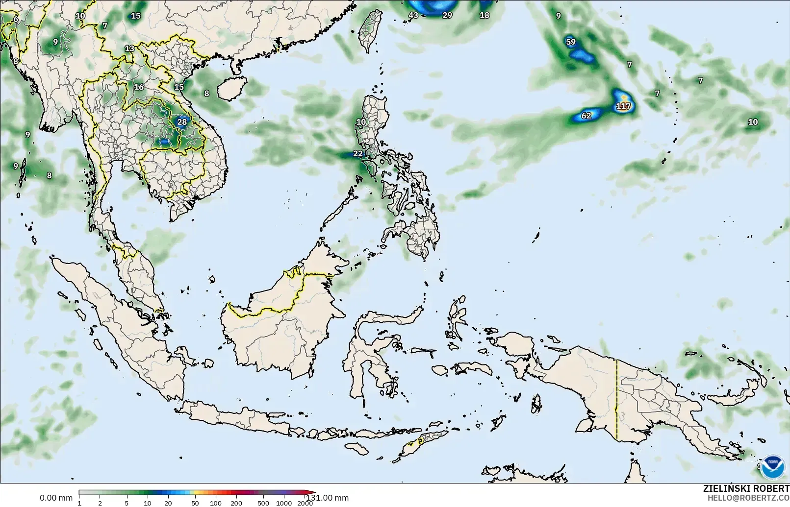 GFS модель - Оңтүстік-Шығыс Азия, Жауын-шашын Жинақталуы