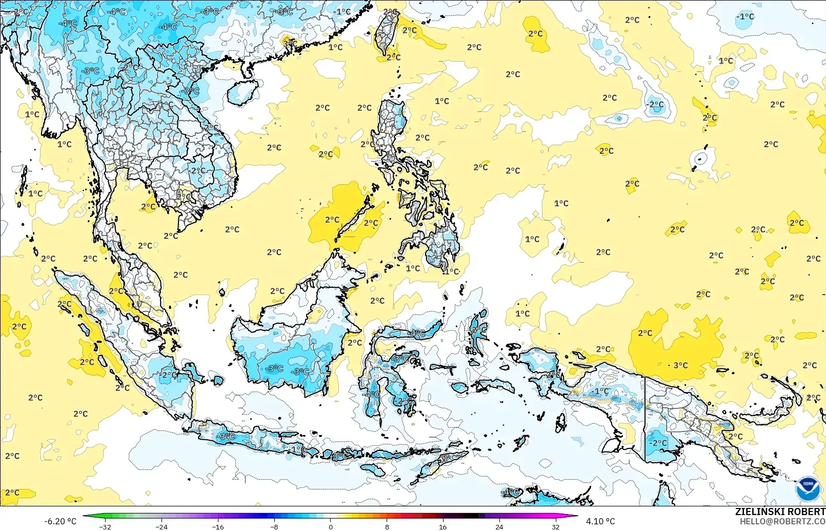 GFS модель - Оңтүстік-Шығыс Азия, 2 м Температура Аномалиясы