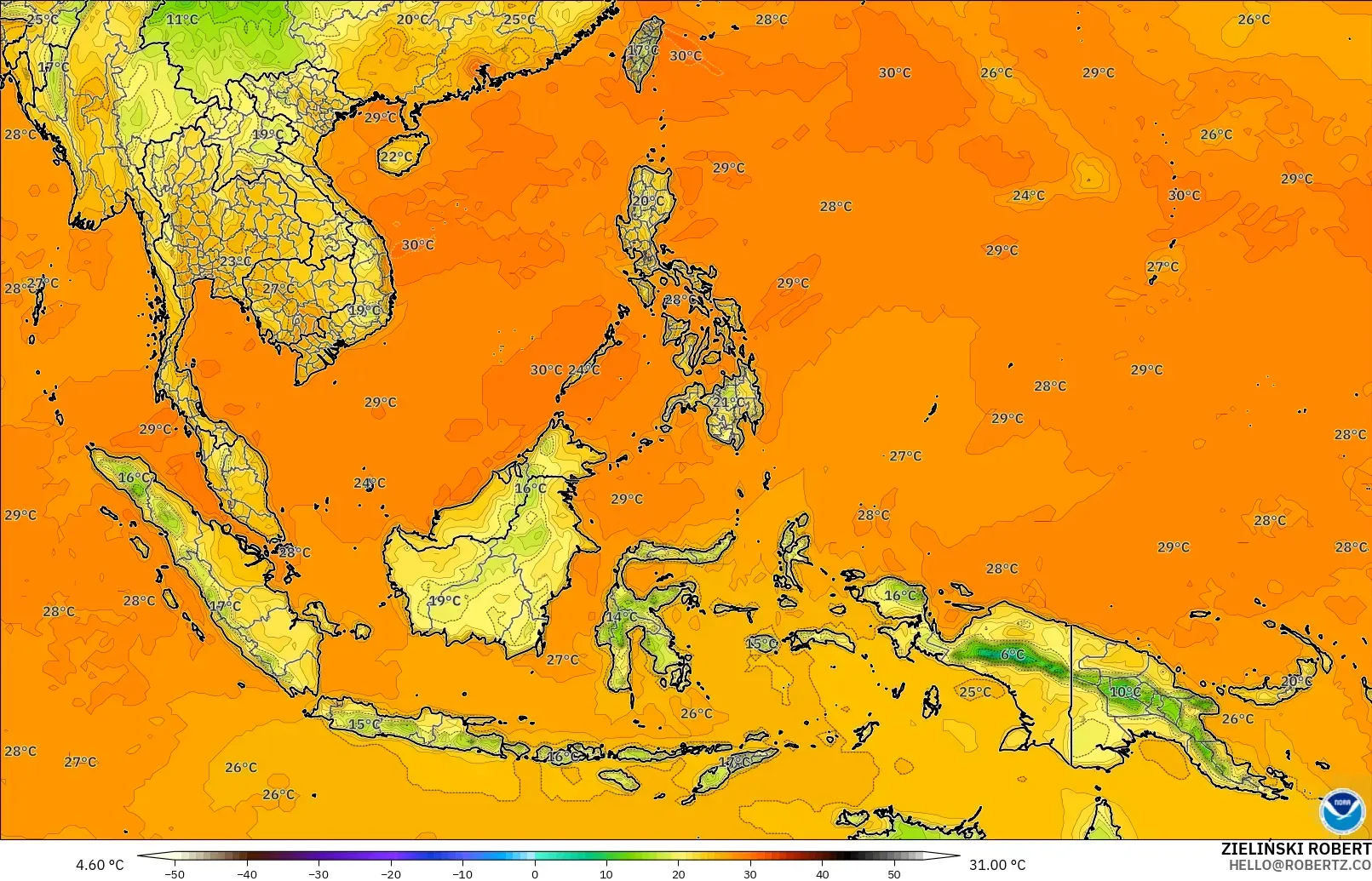 GFS модель - Оңтүстік-Шығыс Азия, Температура 2 м