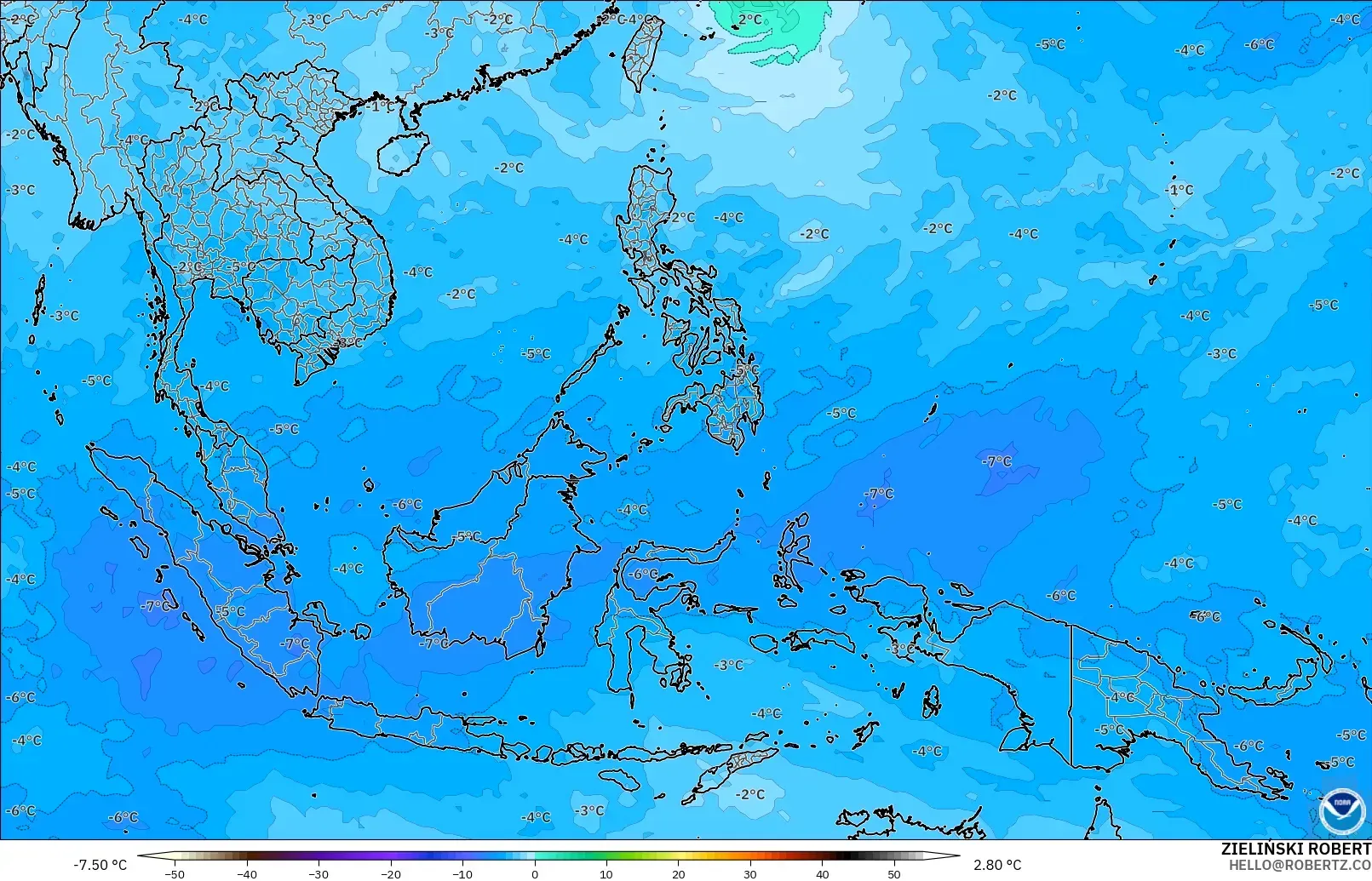 GFS модель - Оңтүстік-Шығыс Азия, Температура 500 hPa