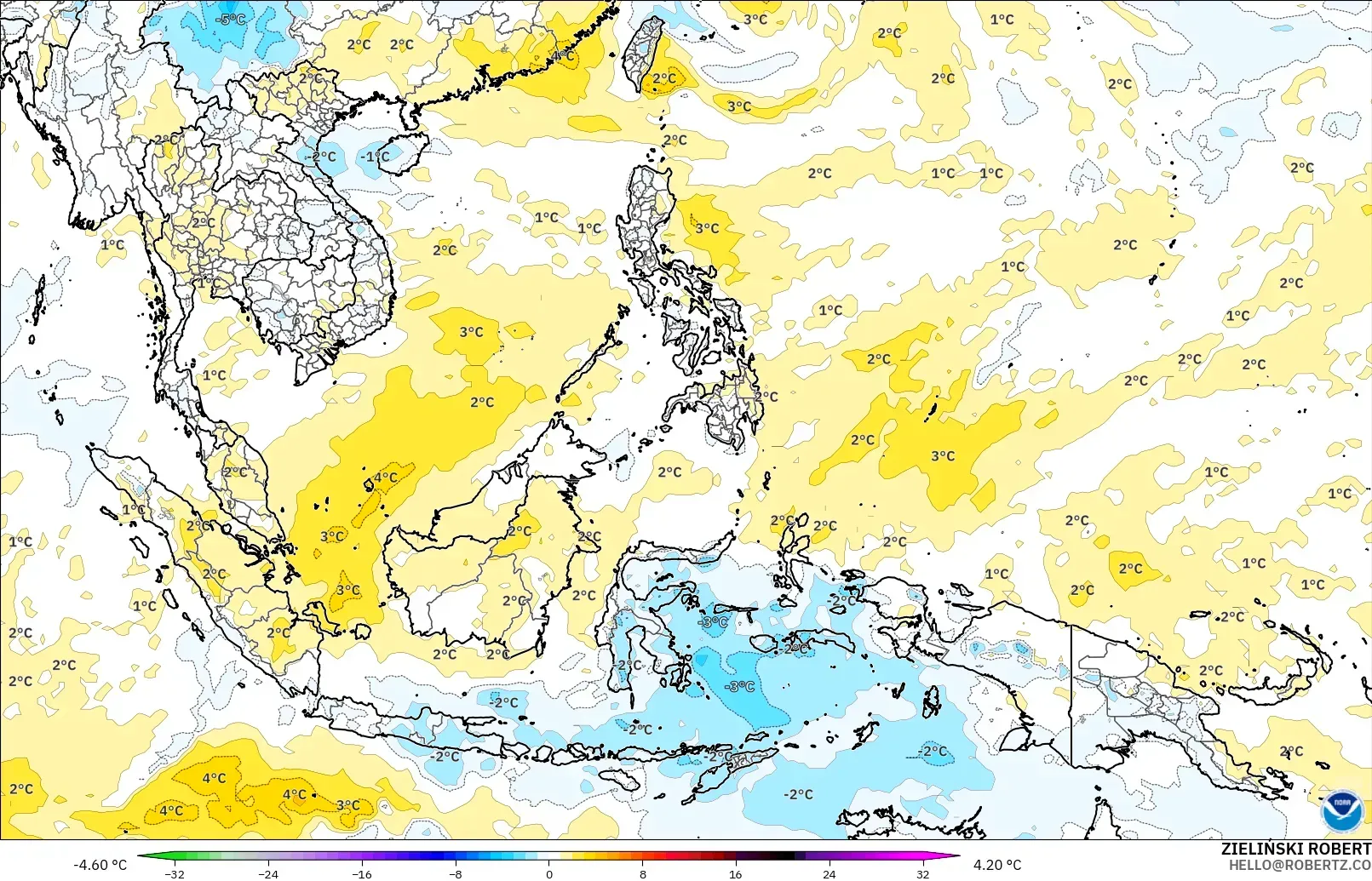 GFS модель - Оңтүстік-Шығыс Азия, 850 hPa Температура Аномалиясы