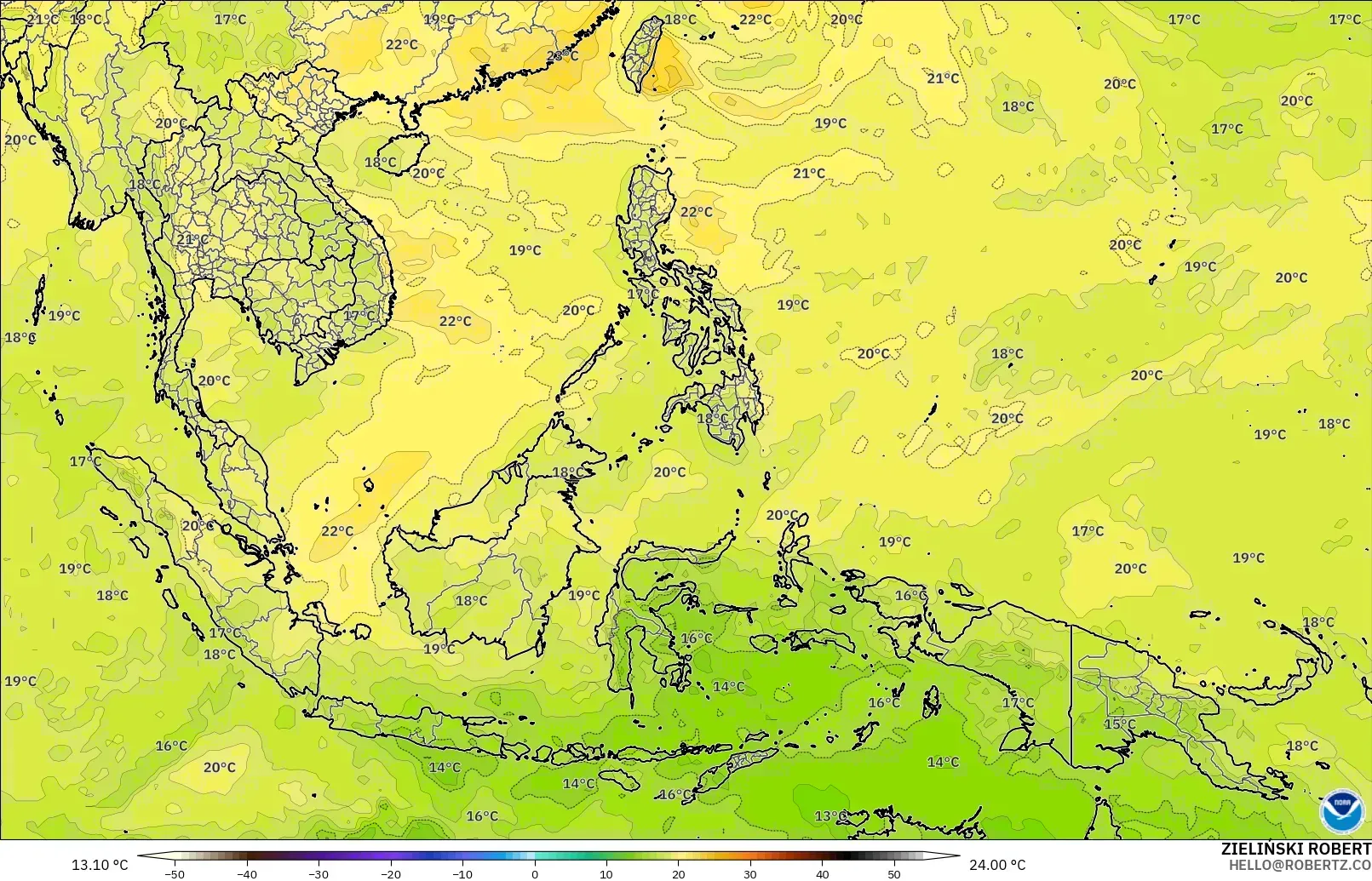 GFS модель - Оңтүстік-Шығыс Азия, Температура 850 hPa