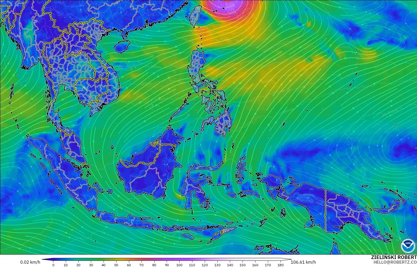 GFS модель - Оңтүстік-Шығыс Азия, Жел 10 м