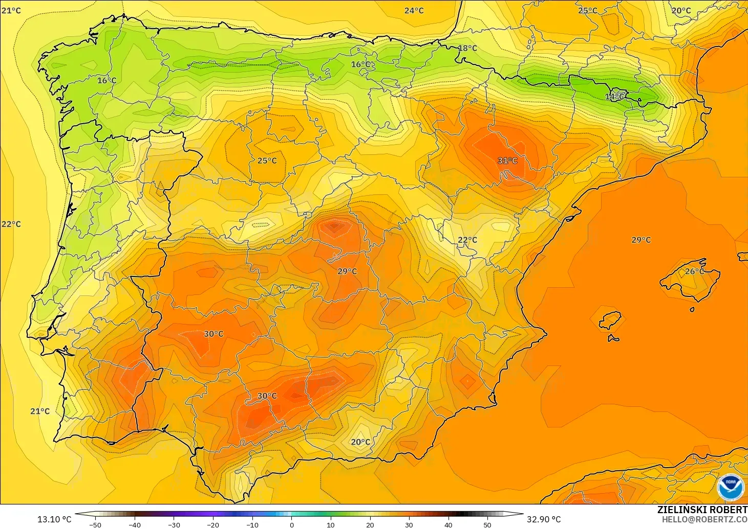 GFS модель - Испания, Температура 2 м
