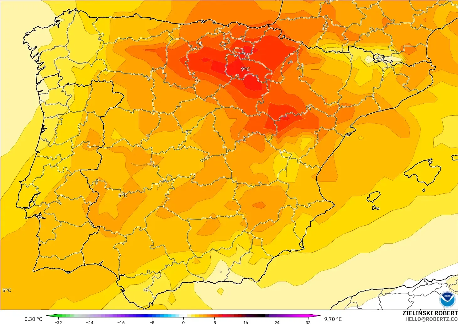 GFS модель - Испания, 850 hPa Температура Аномалиясы