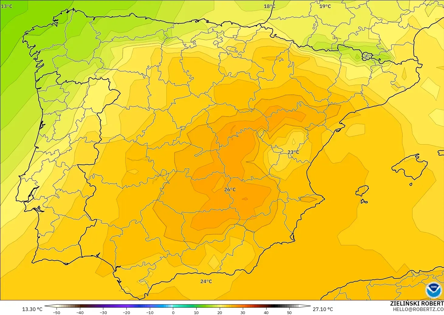 GFS модель - Испания, Температура 850 hPa