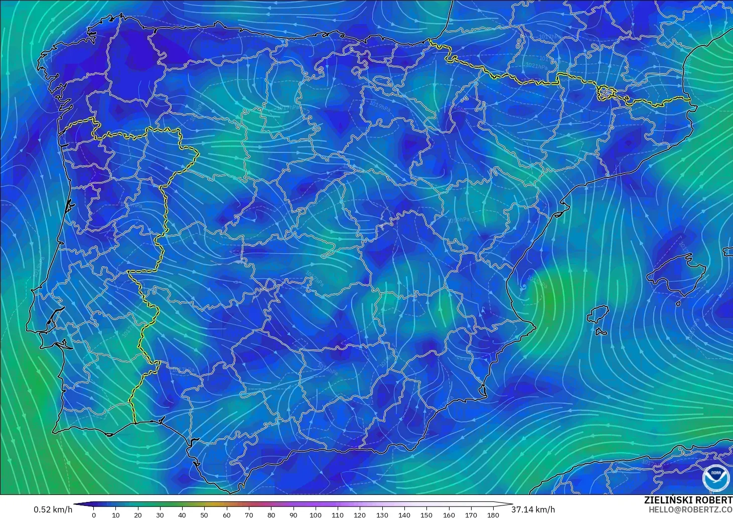 GFS модель - Испания, Жел 10 м