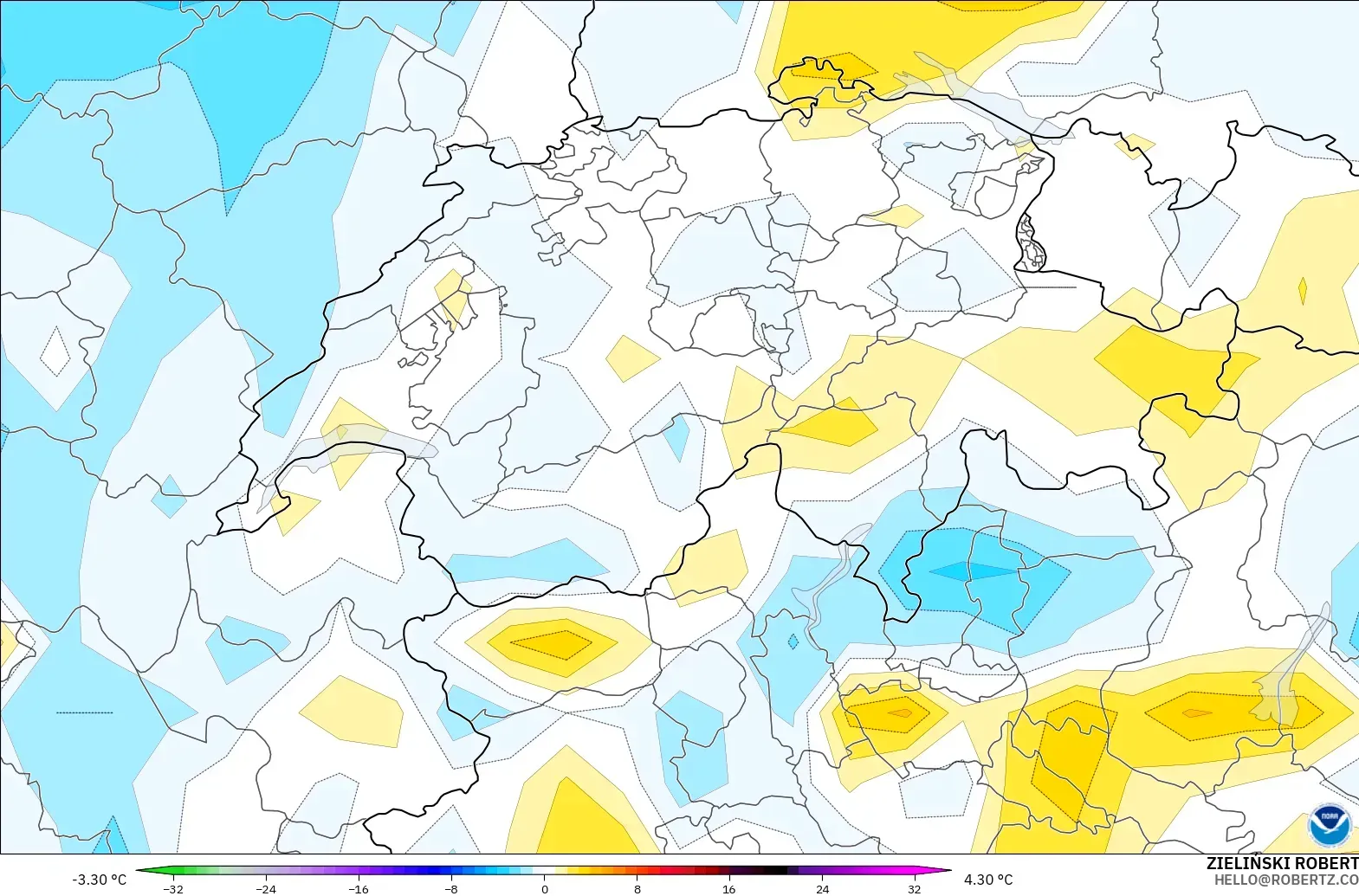 GFS модель - Швейцария, 2 м Температура Аномалиясы