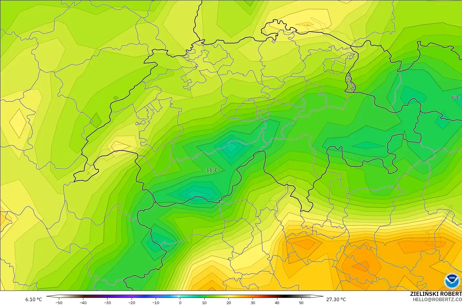 GFS модель - Швейцария, Температура 2 м