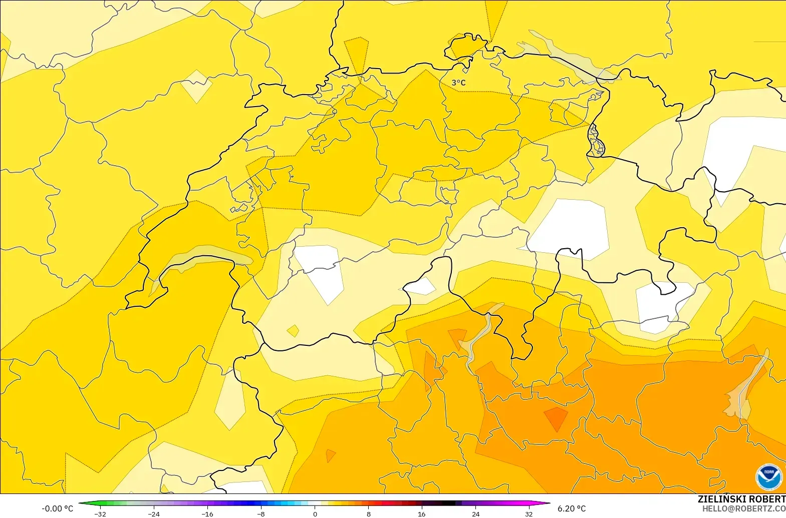 GFS модель - Швейцария, 850 hPa Температура Аномалиясы