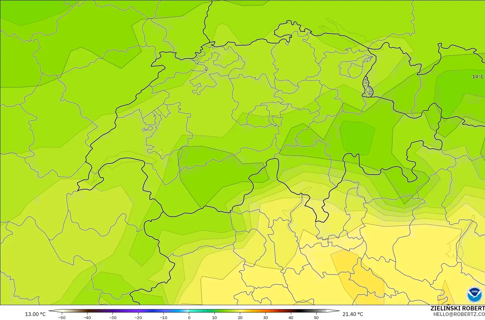 GFS модель - Швейцария, Температура 850 hPa