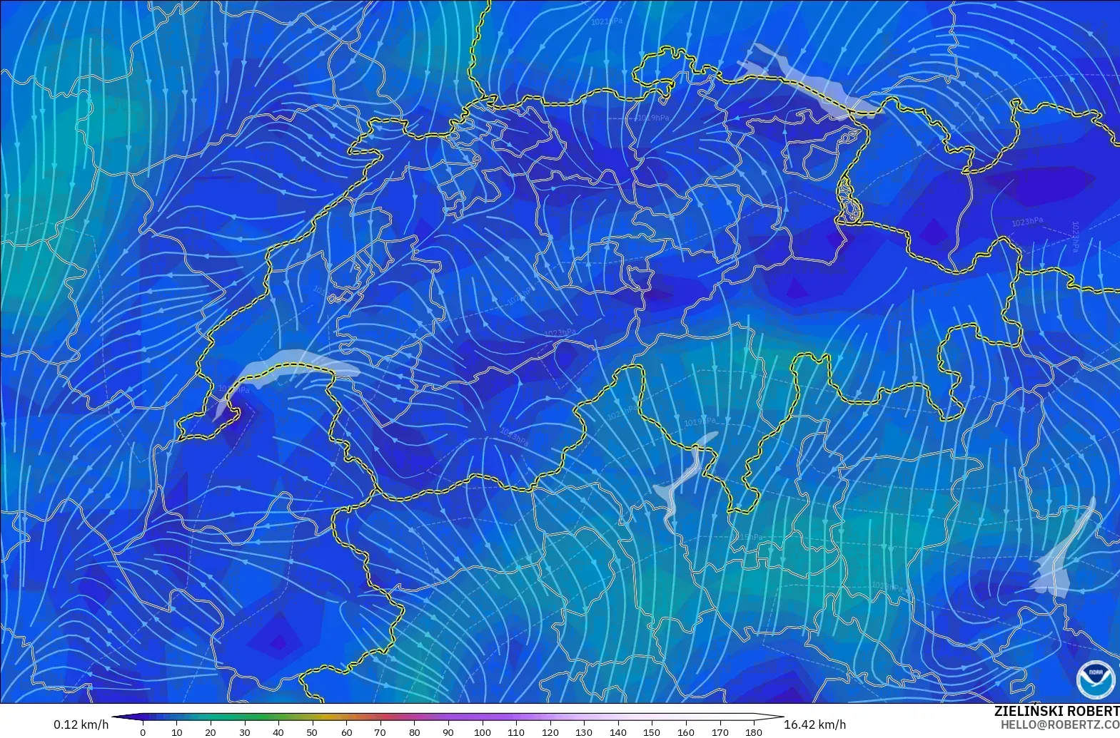 GFS модель - Швейцария, Жел 10 м