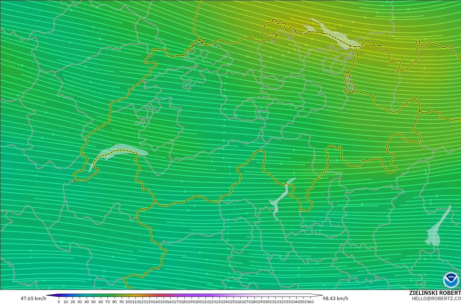GFS модель - Швейцария, Жел 300 hPa (жайт ағысы)