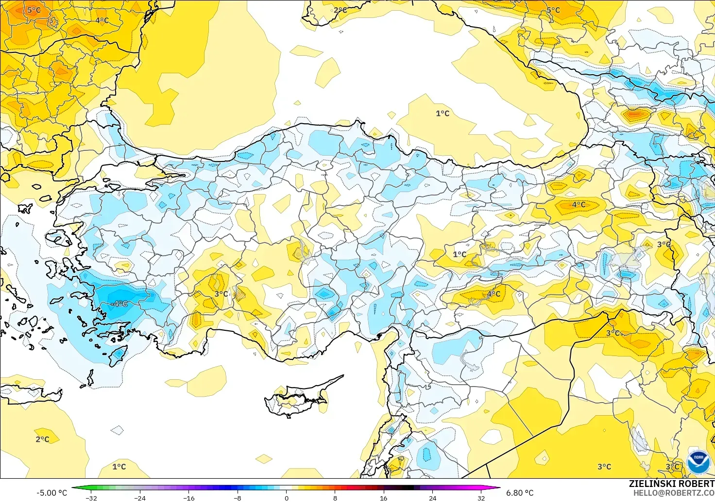 GFS модель - Түркия, 2 м Температура Аномалиясы