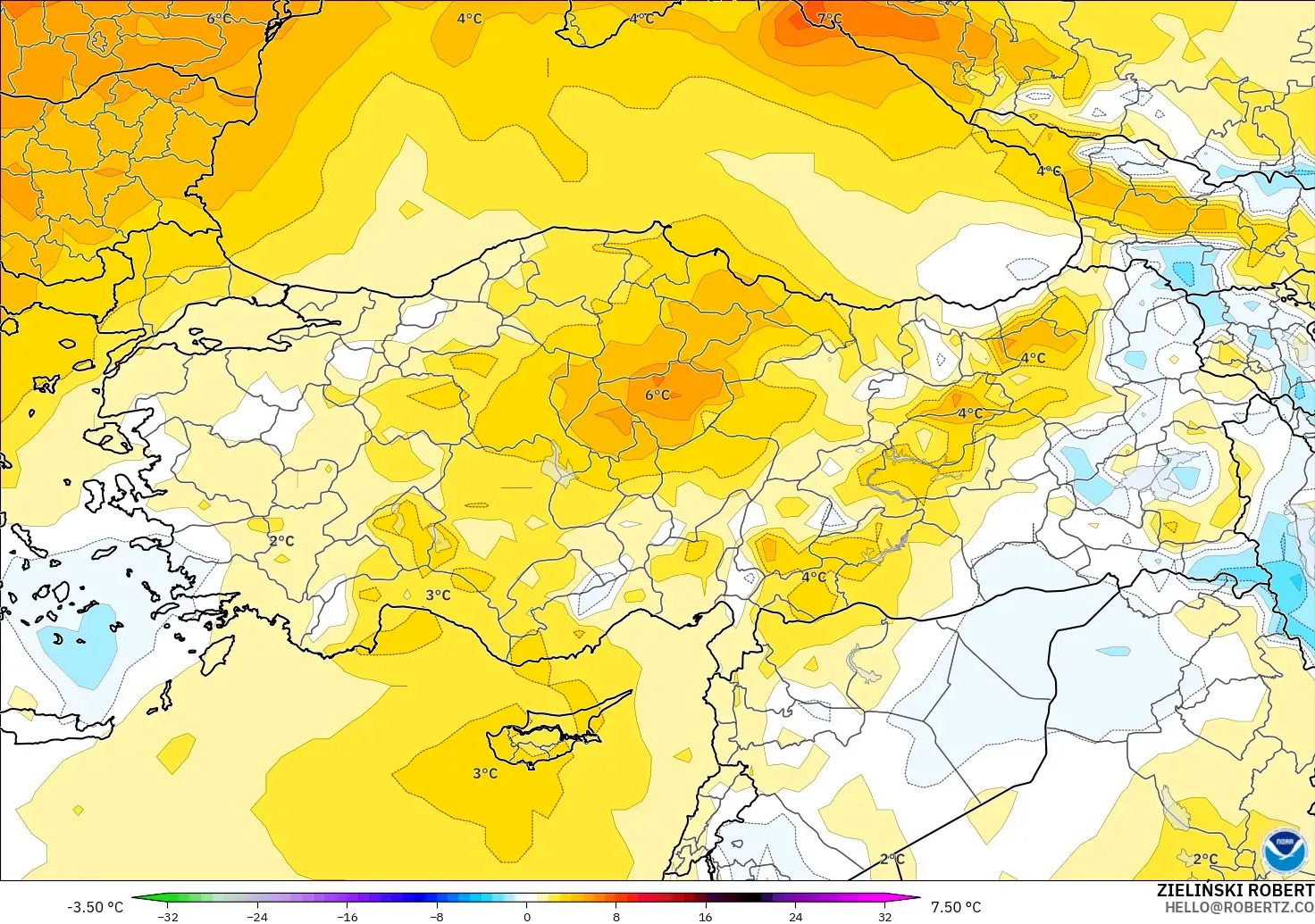 GFS модель - Түркия, 850 hPa Температура Аномалиясы