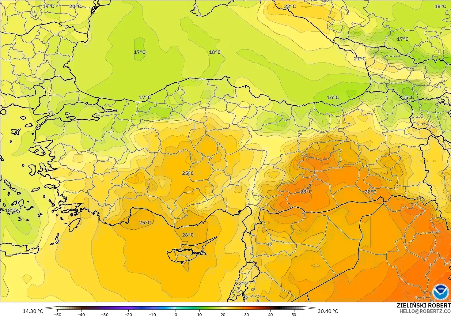 GFS модель - Түркия, Температура 850 hPa