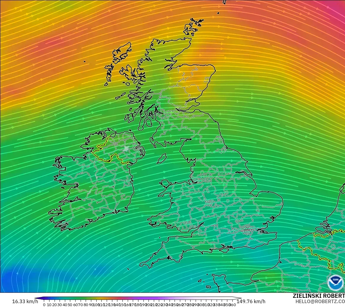 GFS модель - Ұлыбритания, Жел 300 hPa (жайт ағысы)