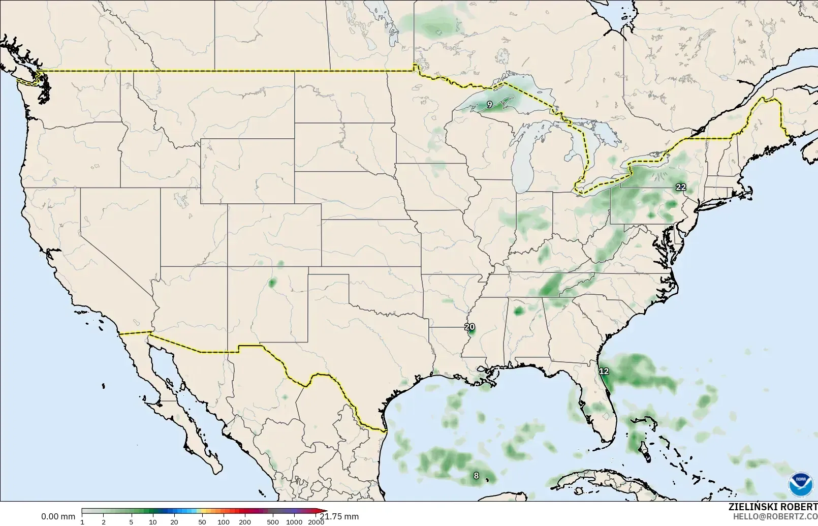 GFS модель - АҚШ, Жауын-шашын Жинақталуы