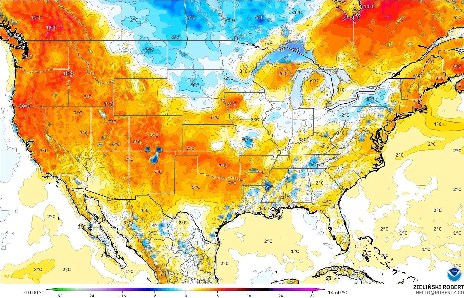 GFS модель - АҚШ, 2 м Температура Аномалиясы