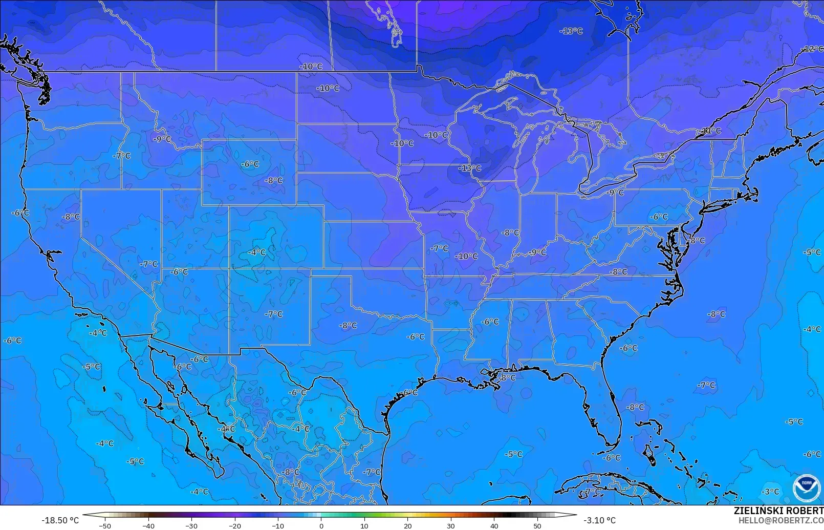 GFS модель - АҚШ, Температура 500 hPa