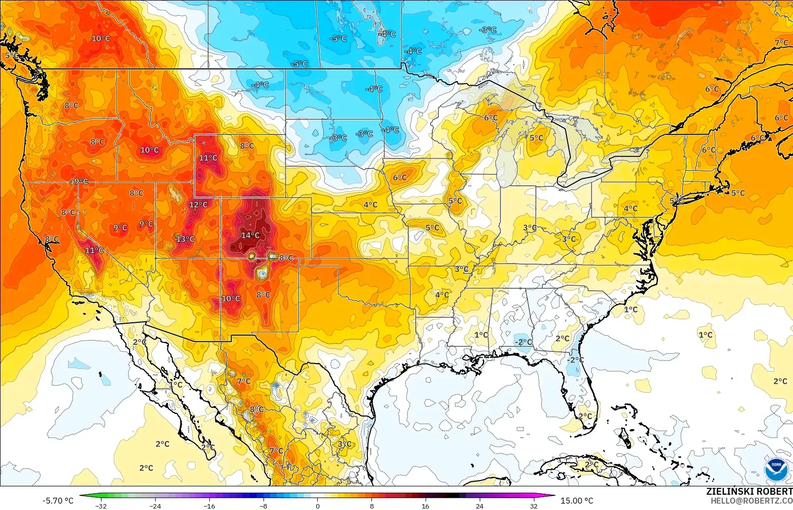 GFS модель - АҚШ, 850 hPa Температура Аномалиясы
