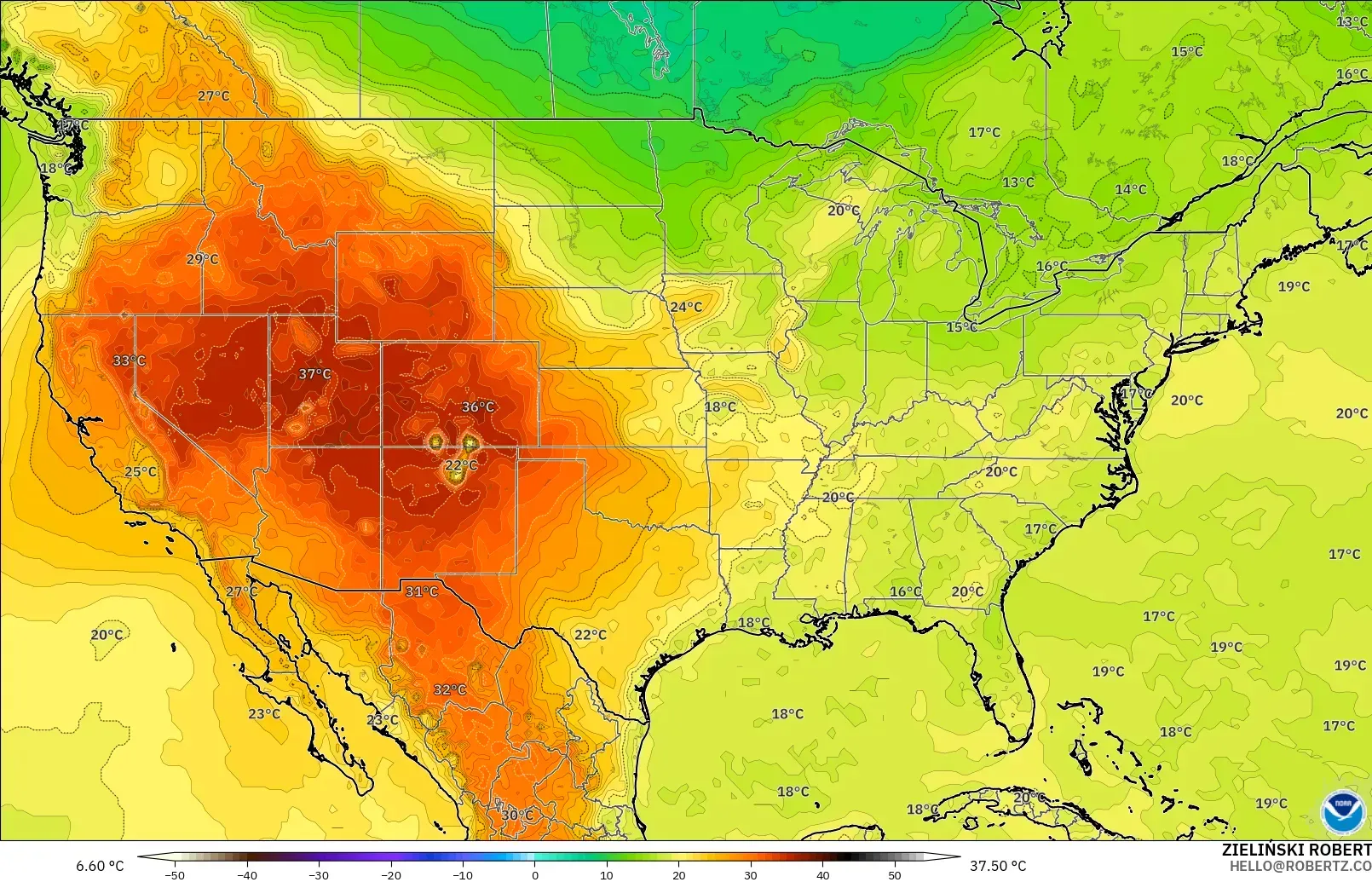 GFS модель - АҚШ, Температура 850 hPa