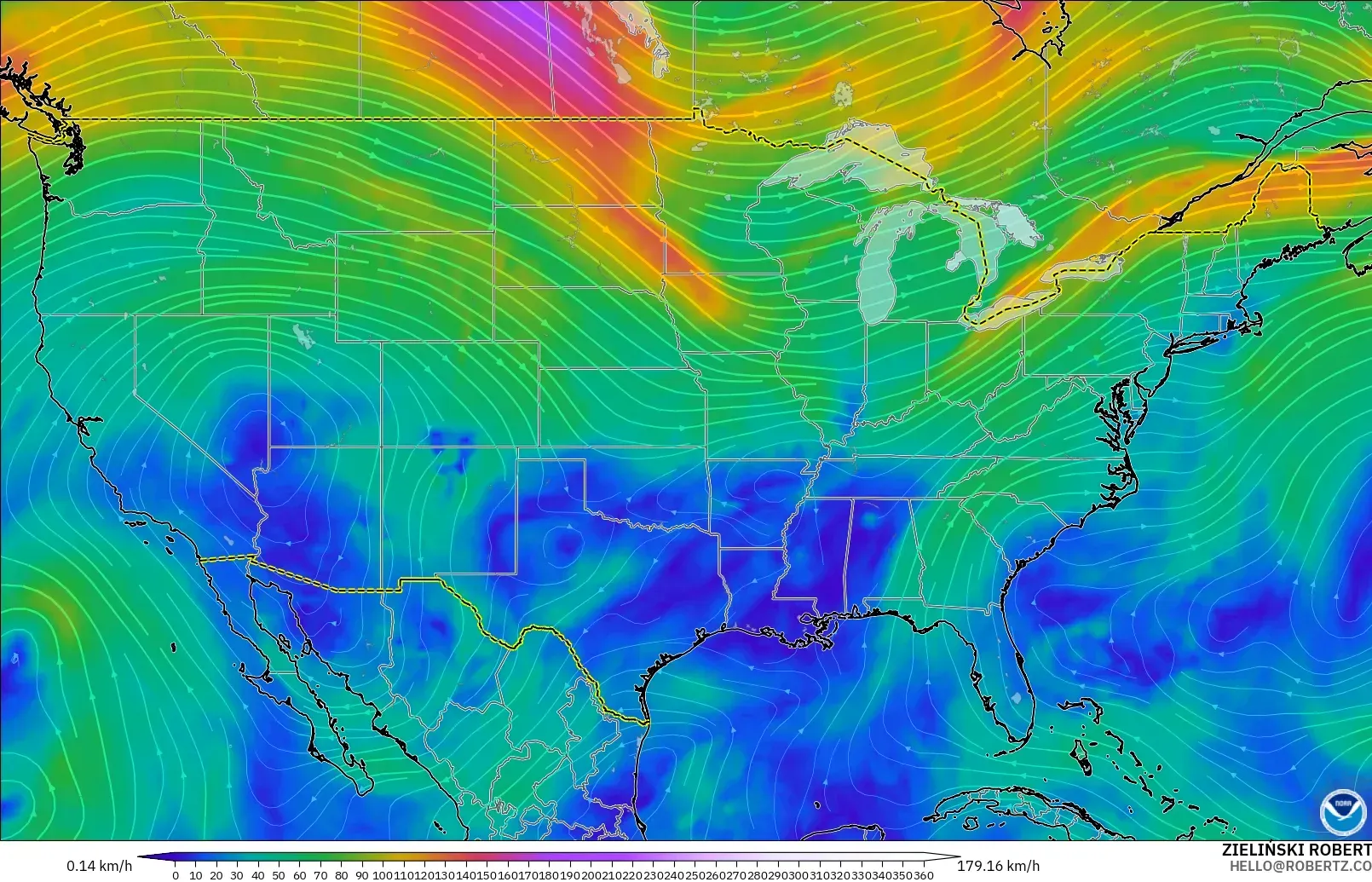 GFS модель - АҚШ, Жел 300 hPa (жайт ағысы)