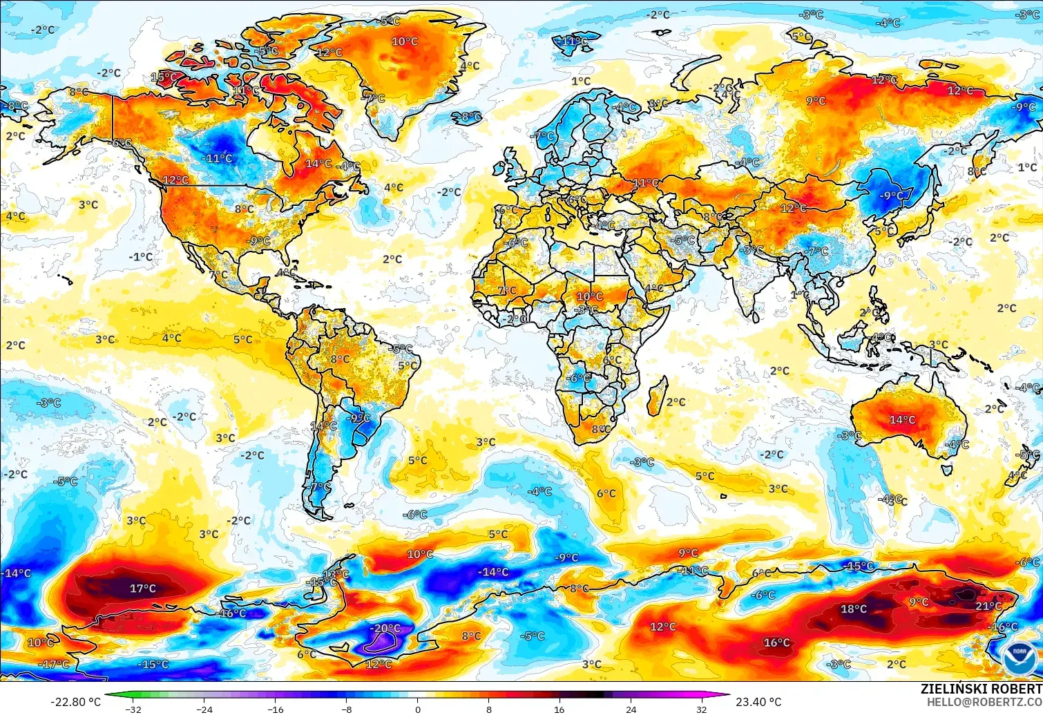 GFS модель - Әлем, 2 м Температура Аномалиясы