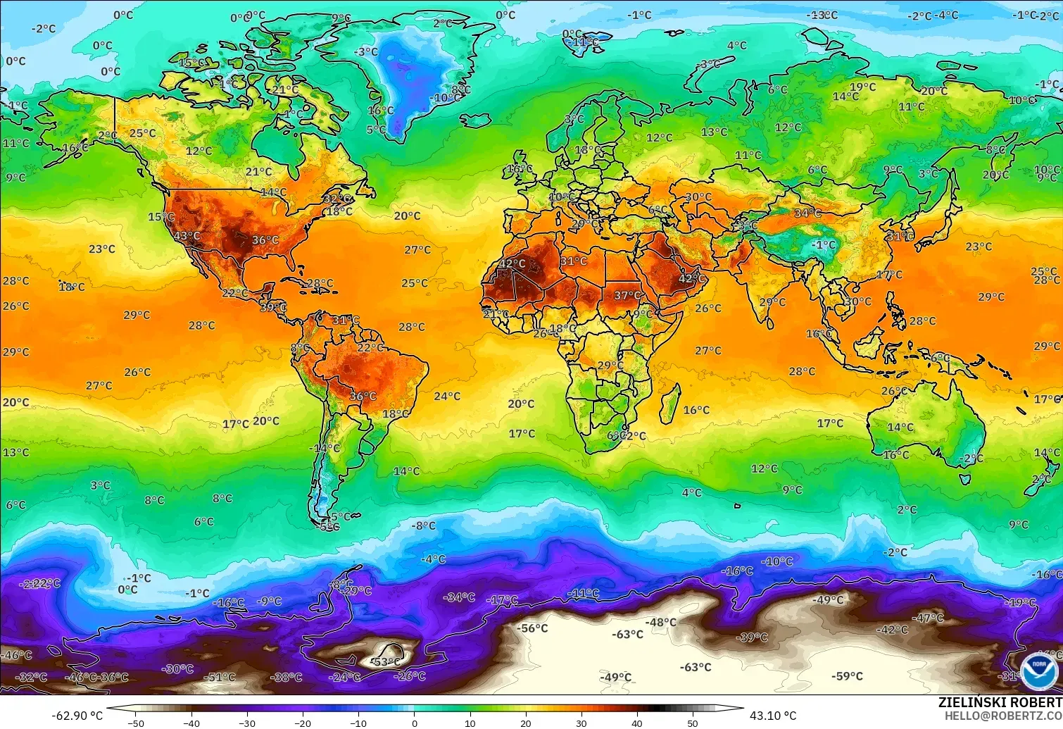 GFS модель - Әлем, Температура 2 м