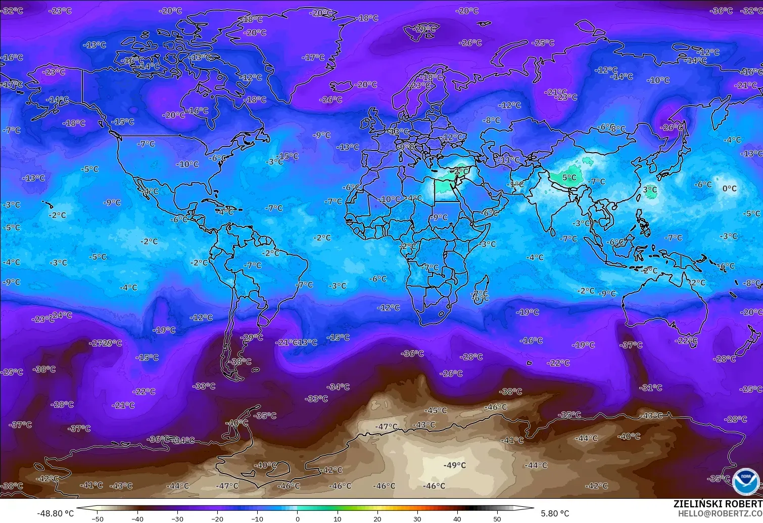 GFS модель - Әлем, Температура 500 hPa