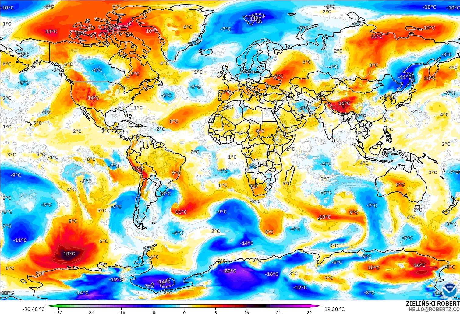 GFS модель - Әлем, 850 hPa Температура Аномалиясы