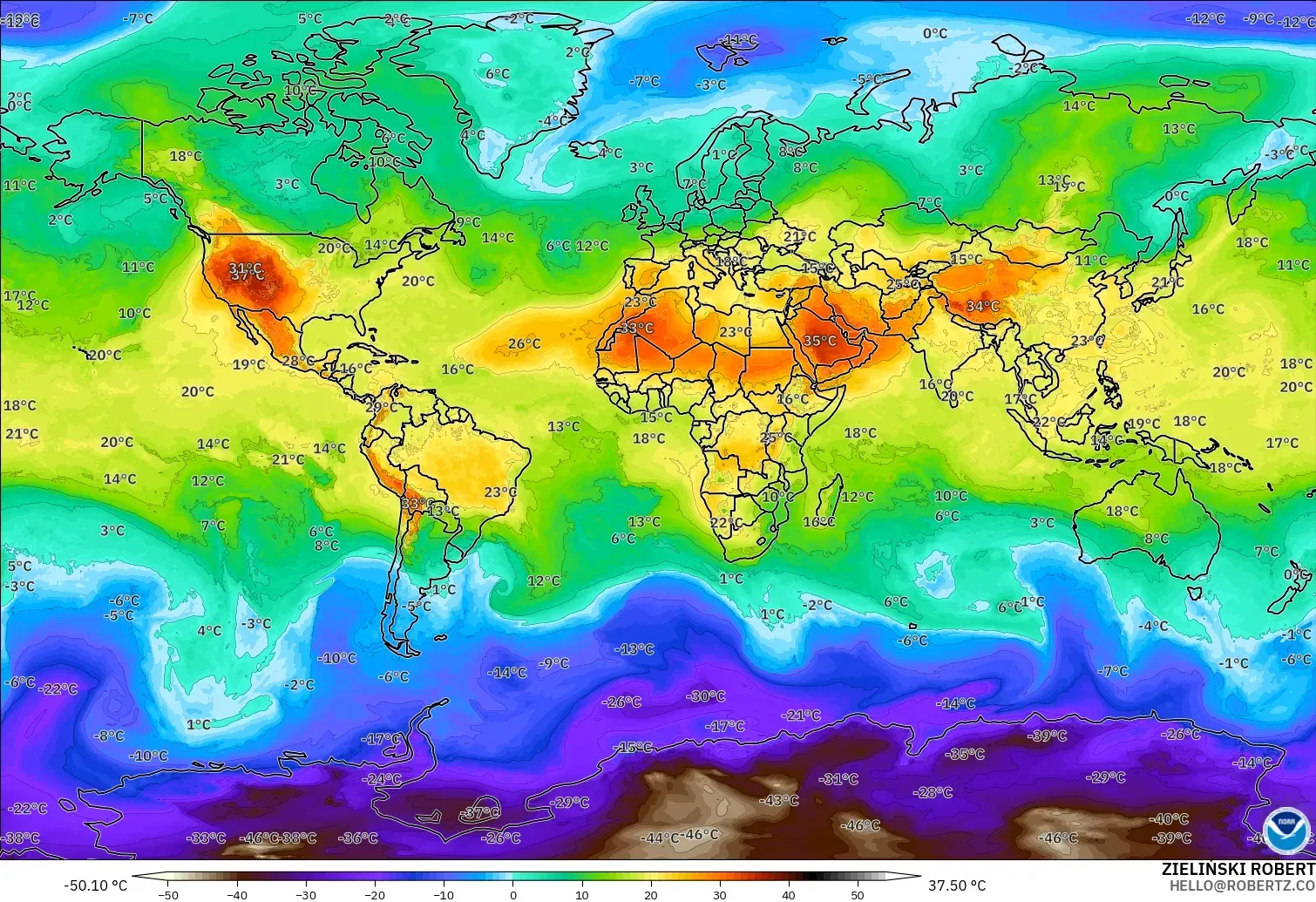 GFS модель - Әлем, Температура 850 hPa