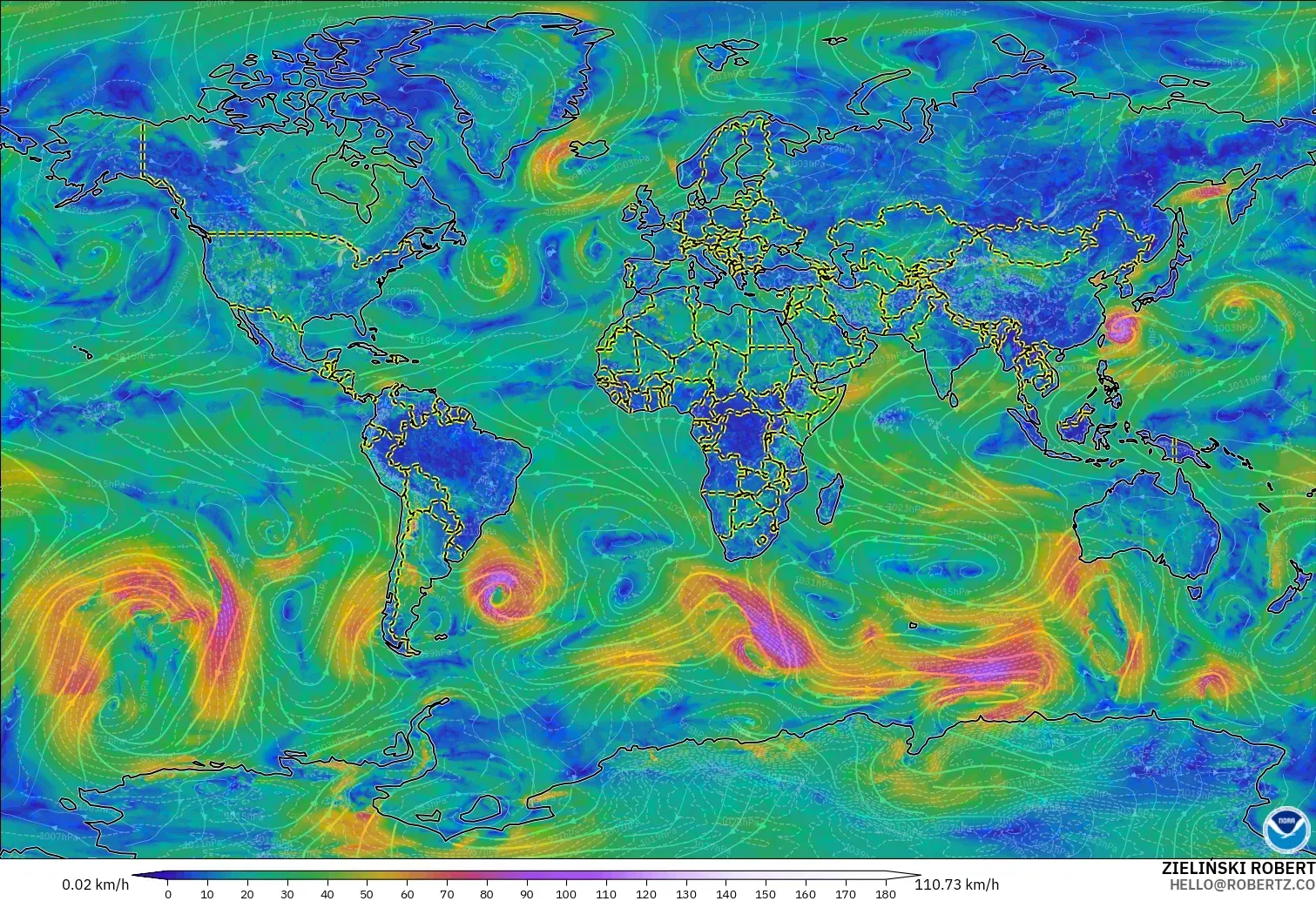 GFS модель - Әлем, Жел 10 м