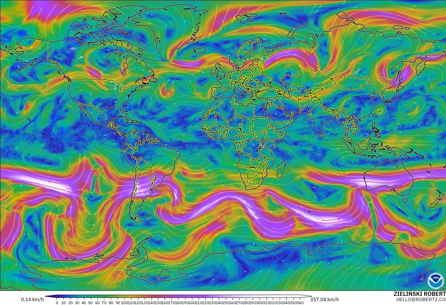 GFS модель - Әлем, Жел 300 hPa (жайт ағысы)
