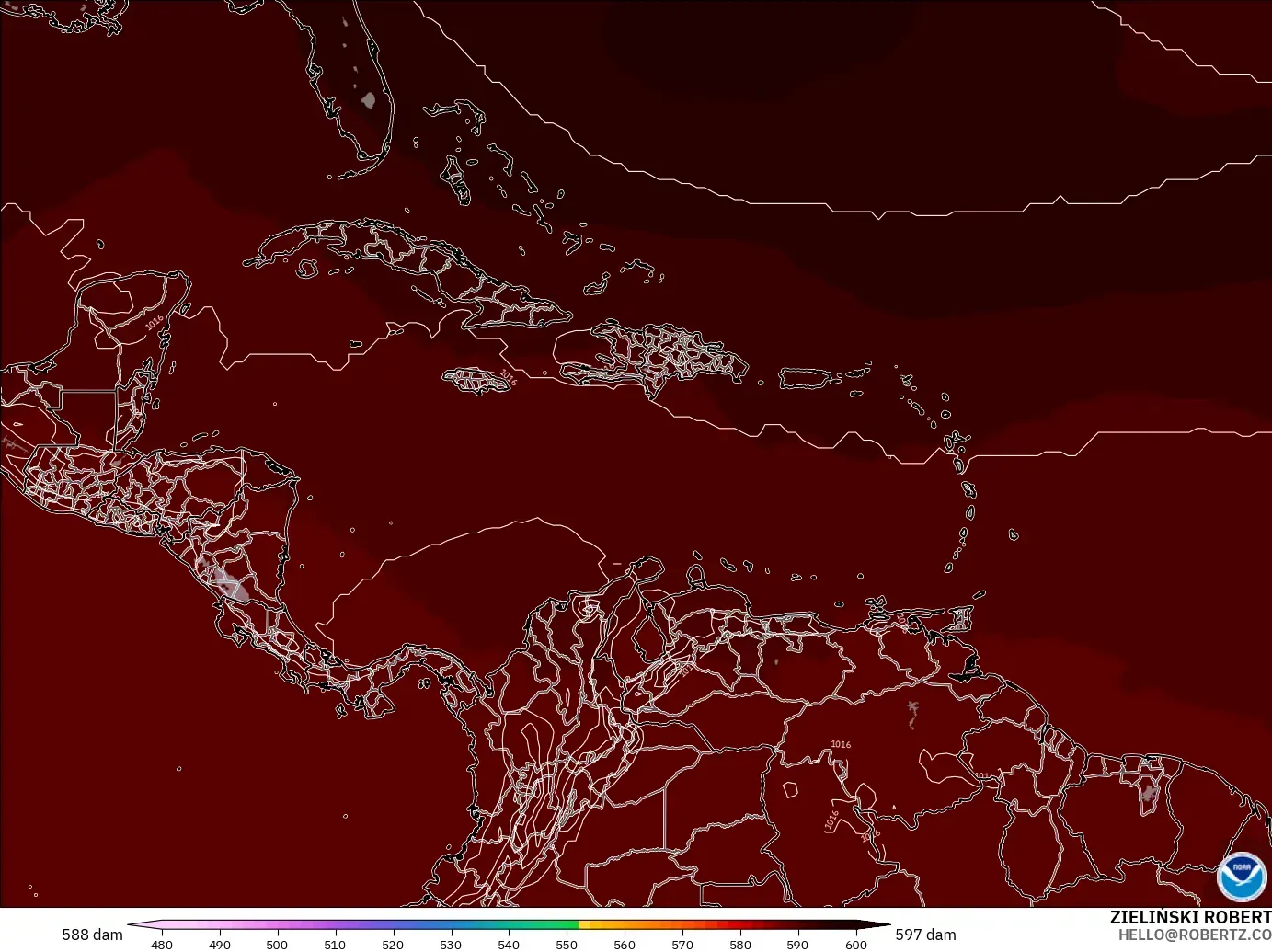 GFS модель - Кариб теңізі, 500 гПа деңгейіндегі геопотенциал биіктігі