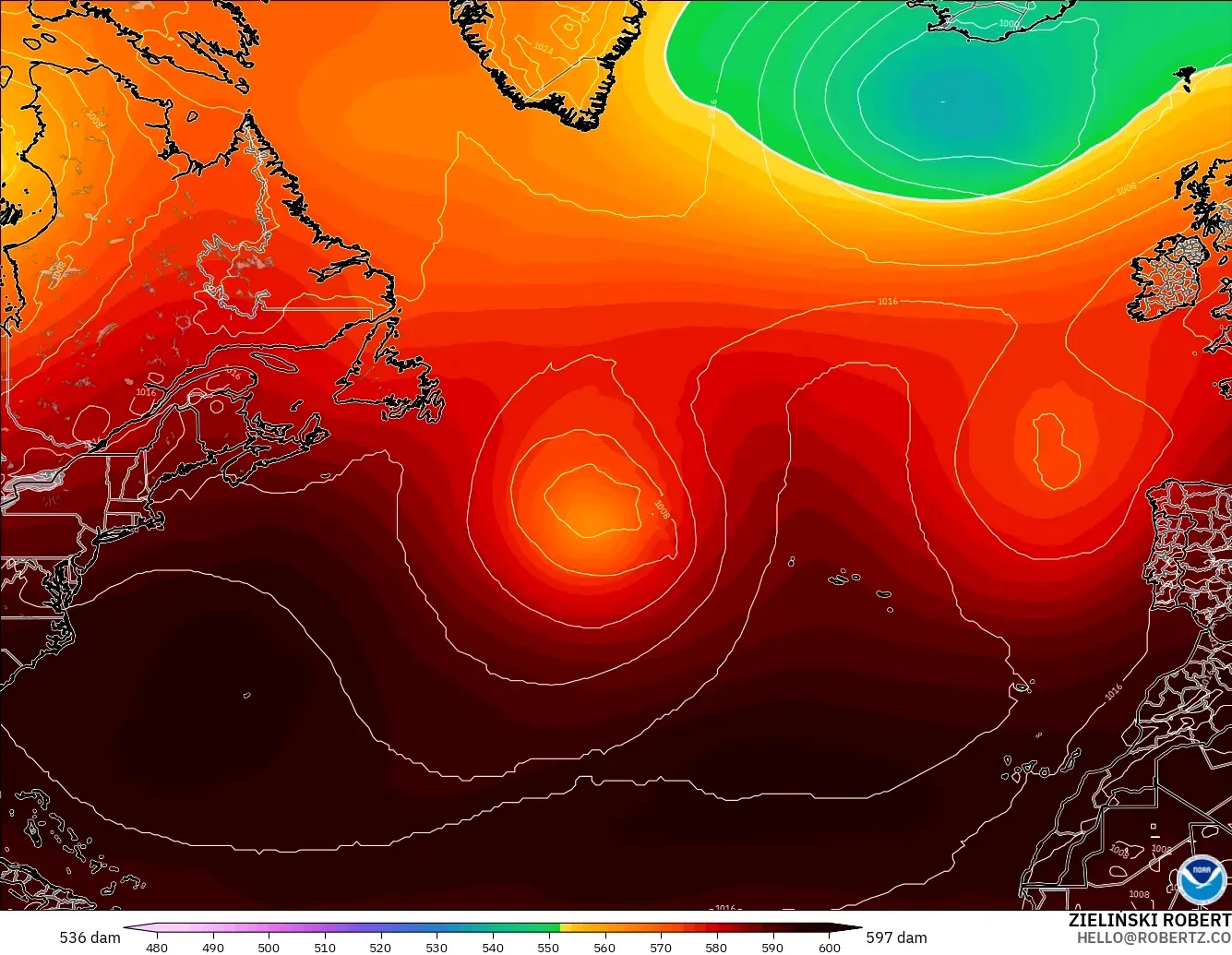 GFS модель - Солтүстік Атлантика, 500 гПа деңгейіндегі геопотенциал биіктігі